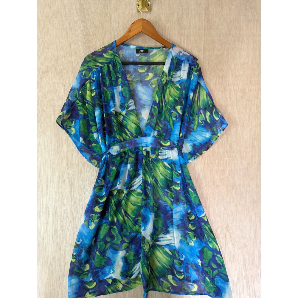 ABS Allen Schwartz Blue Green Peacock Print Kimono Mini Dress Cover Up Tunic